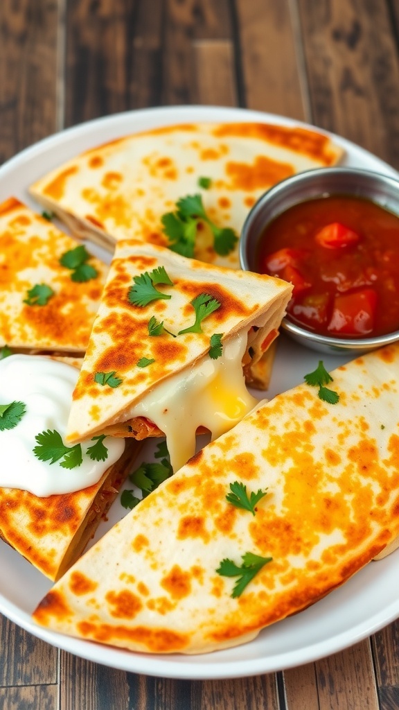 Golden-brown oven-baked quesadillas with melted cheese, served with salsa and sour cream on a rustic table.